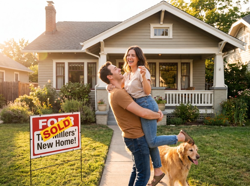Happy sellers outside their home after closing with Home Pros
