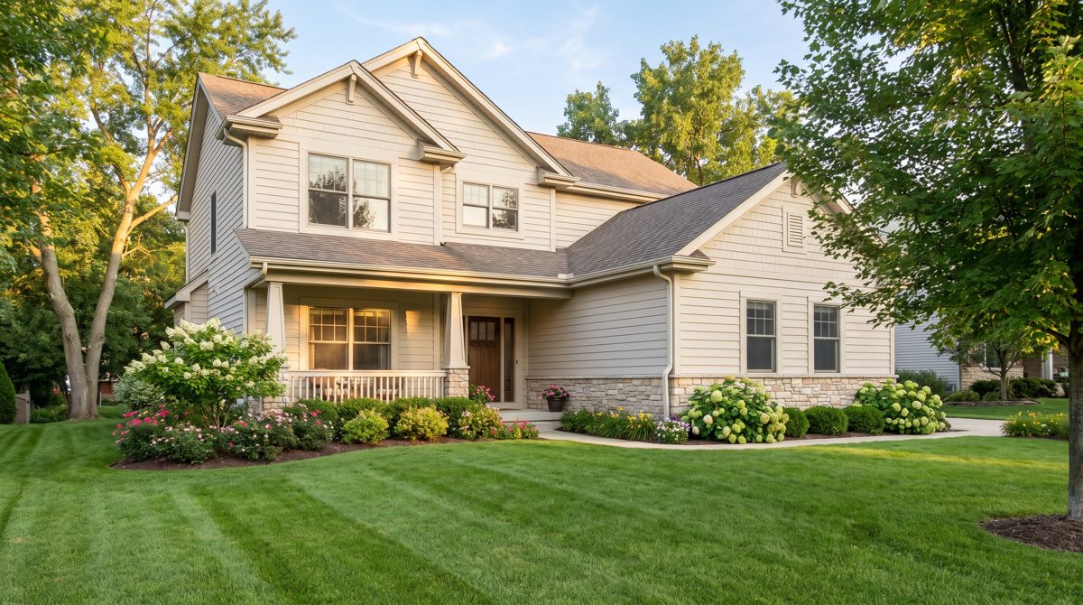 Bright two-story house with white trim, a green lawn, and a clear blue sky