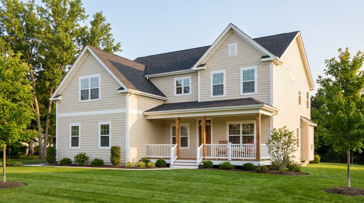 Bright two-story house with light siding, white trim, a green lawn, and a clear blue sky