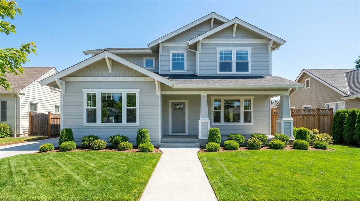 Bright, well-maintained single-family home with lush green lawn and clear blue sky, representing an attractive Opportunity Zone redevelopment outcome for real estate investors in 2026