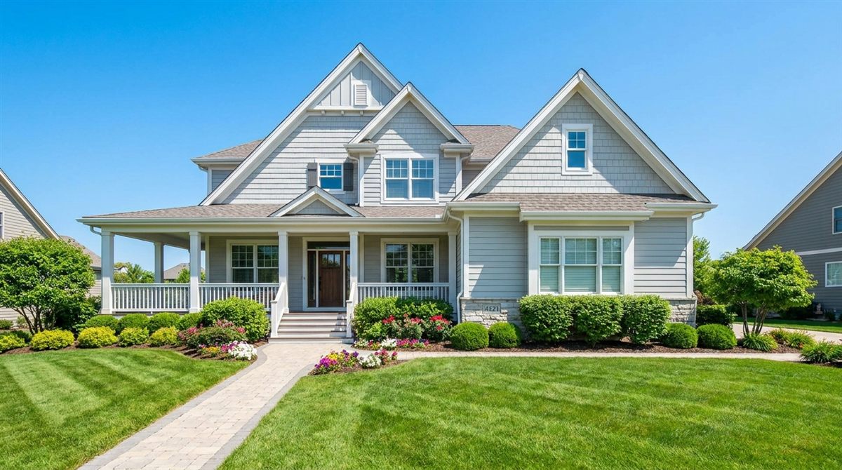 Attractive renovated two-story home with fresh landscaping and warm daylight, representing a substantially improved property inside a Qualified Opportunity Fund in 2026