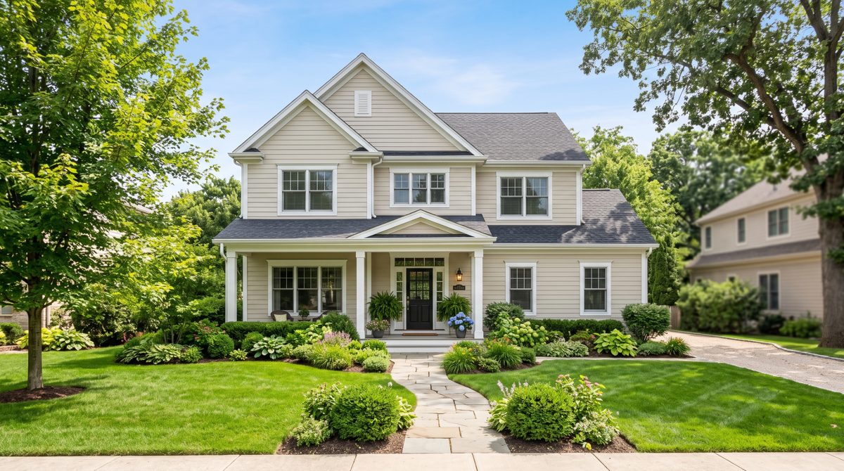 Bright two-story house with light siding, white trim, a covered porch, a green lawn, and a clear blue sky