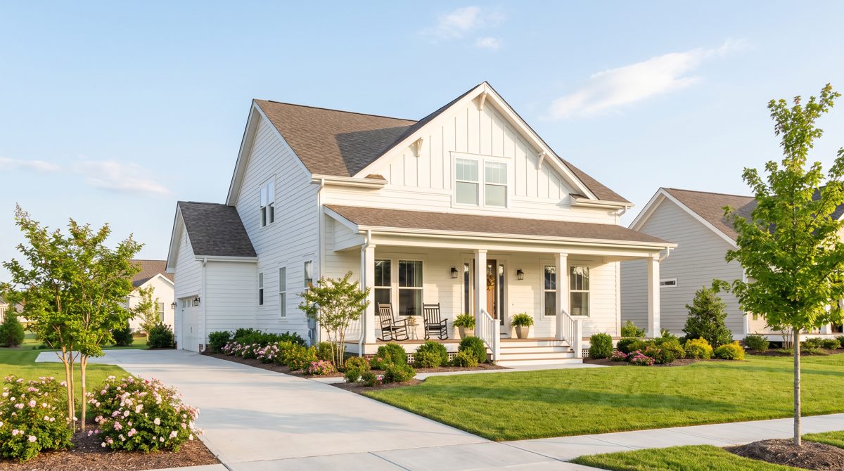 Bright two-story house with white trim, a green lawn, and a clear blue sky