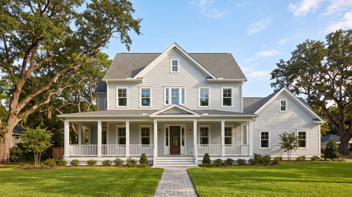 Bright two-story house with a covered porch, green lawn, and blue sky