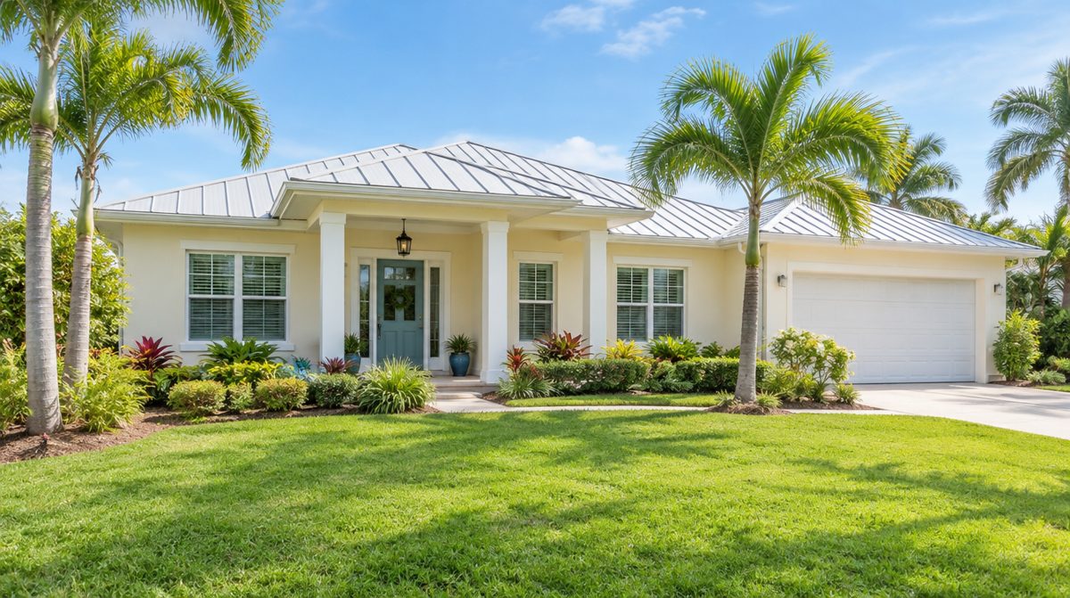 Bright cream stucco Florida house with a metal roof, white porch columns, a green lawn, and palm trees under a clear sky