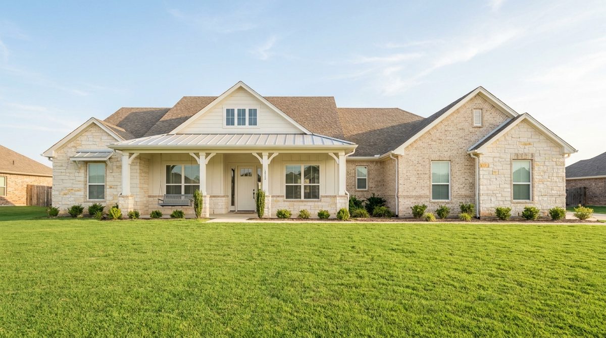 Bright single-story limestone house with a covered porch, white trim, a green lawn, and a clear blue sky