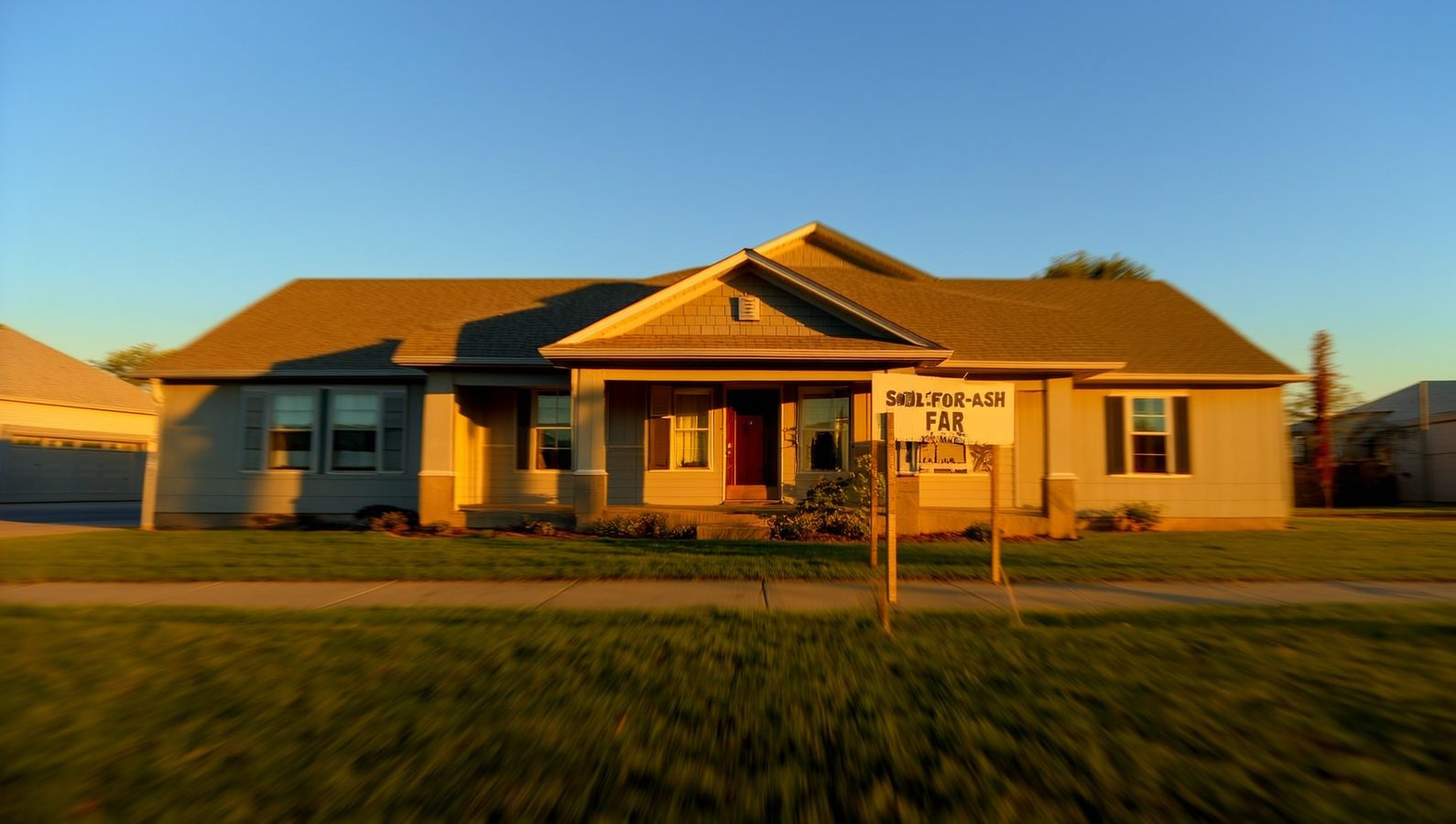 Fort Worth, Texas suburban neighborhood at golden hour with single-family home and SOLD-FOR-CASH sign