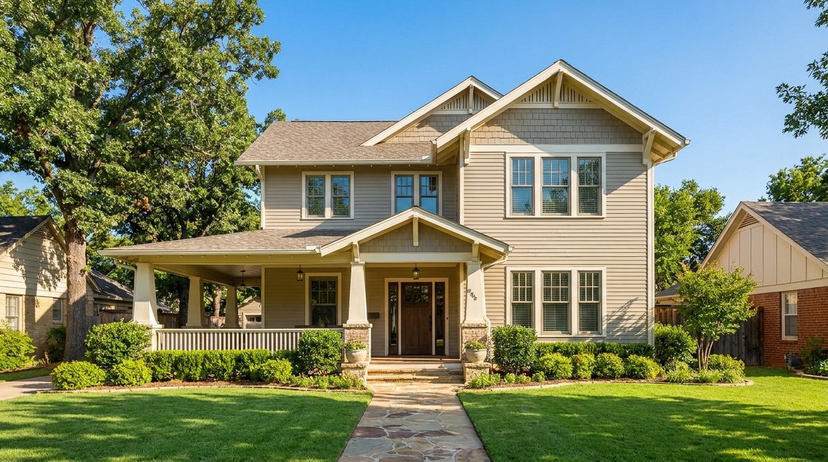 Renovated 1950s ranch home in Oklahoma City, OK with cash-buyer for-sale sign at golden hour, Devon Tower skyline in the background